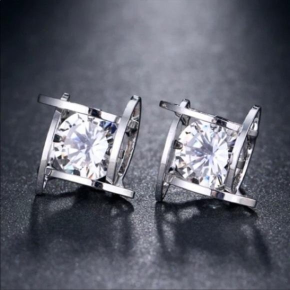 NEW STERLING SILVER 3D CAGE DIAMOND STUD EARRINGS - Picture 4 of 6